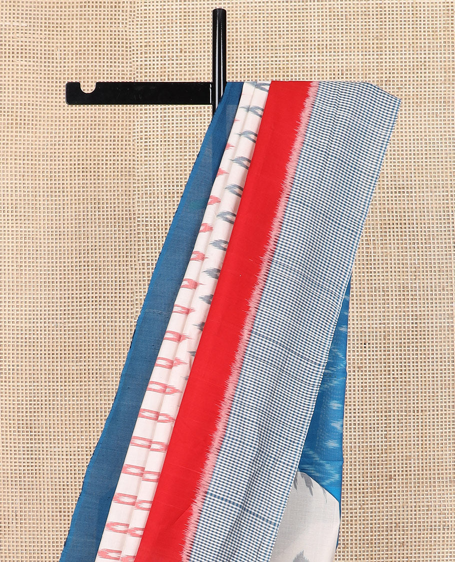 White buttas Pochampally ikkat saree, contrast ganga jamuna temple one-side checked border, and ikkat design pallu