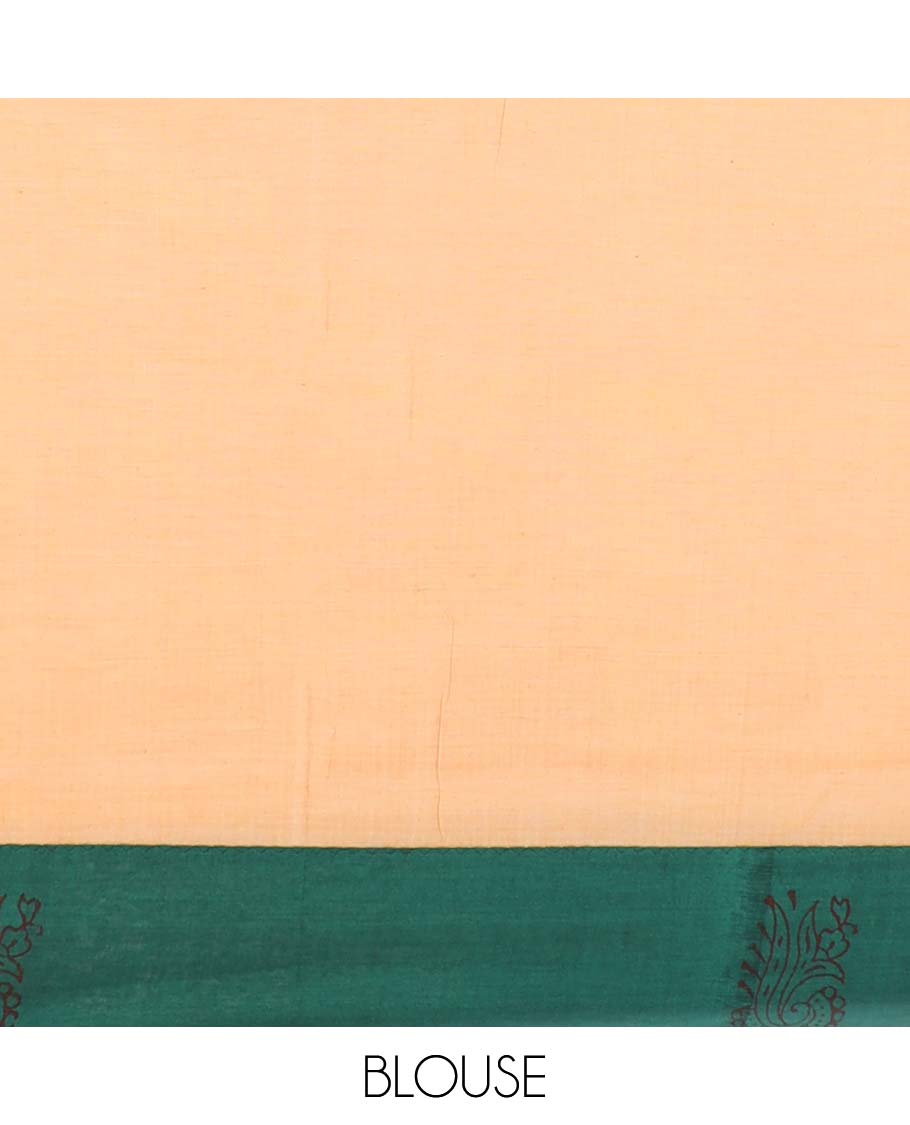 Green unique motifs printed poly cotton saree, contrast floral print with mirror work border, and pallu of floral print, and mirror work