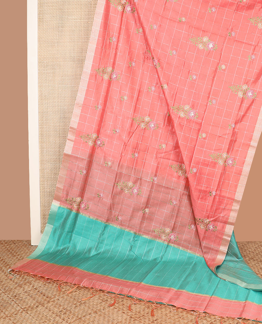 Peach checked, and floral thread embroidered Chirala cotton saree, bavanji border, and contrast striped pallu