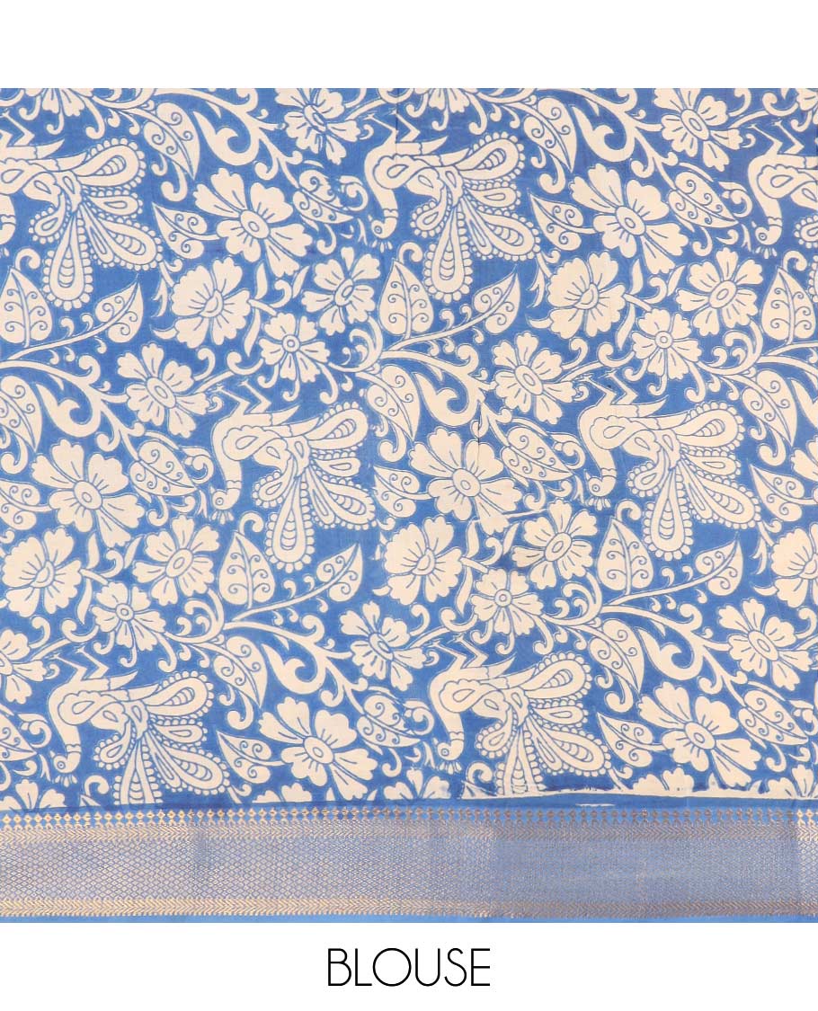 Light sandal lotus and fish motifs machine printed kalamkari cotton saree, contrast traditional zari blue border, and pallu of human and elephant motifs