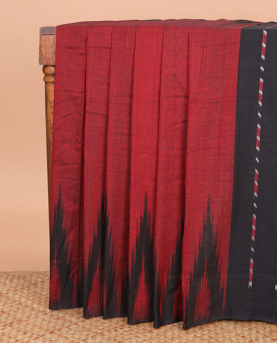 Dark red plain ikkat cotton saree, contrast temple border, and contrast ikkat woven pallu