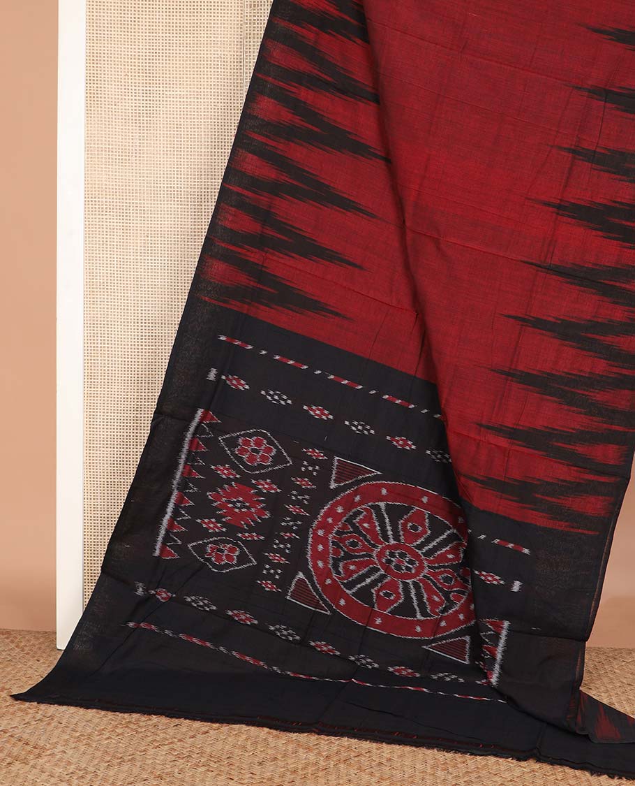 Dark red plain ikkat cotton saree, contrast temple border, and contrast ikkat woven pallu