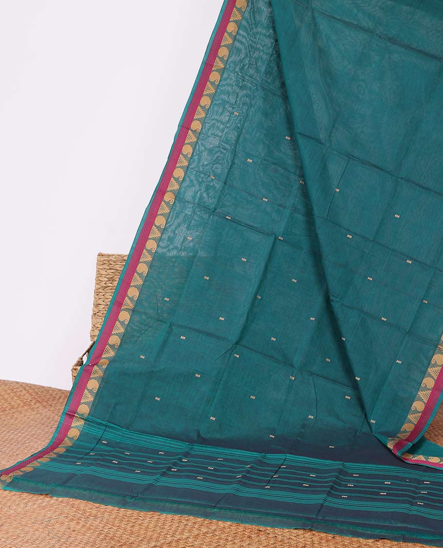Blue buttas Chettinad cotton saree, traditional motifs border & striped pallu