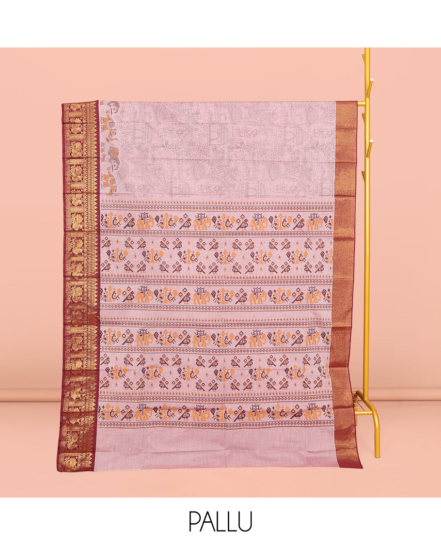 Pink Andhra Cotton Saree, Subtly Printed with Village-Themed Print, a Contrast Zari Border, a Pallu of Patola-Print, and a Matching Blouse