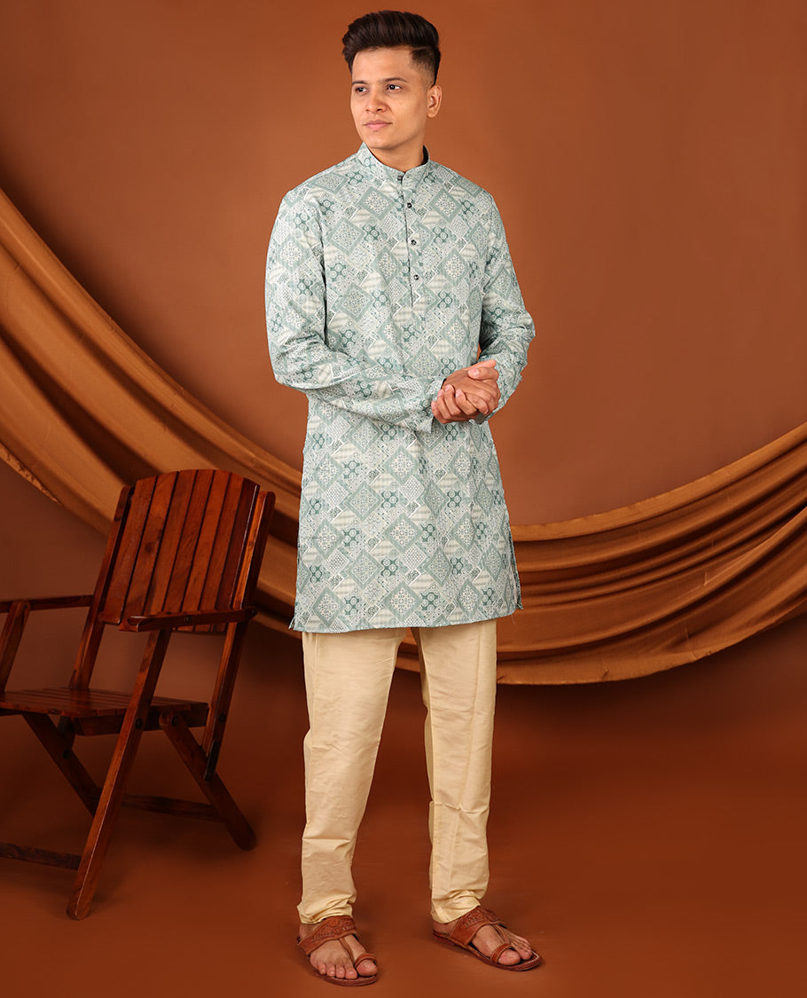 Pale Green Geometric Design Full-Sleeved Men's Kurta