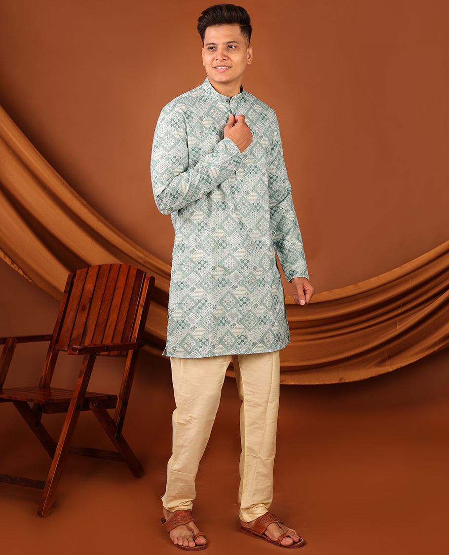 Pale Green Geometric Design Full-Sleeved Men's Kurta
