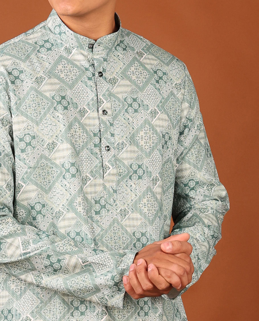 Pale Green Geometric Design Full-Sleeved Men's Kurta