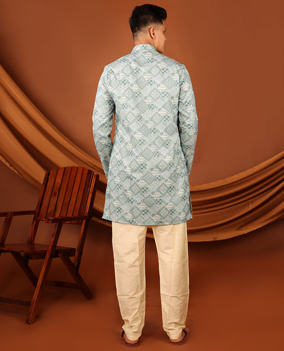 Pale Green Geometric Design Full-Sleeved Men's Kurta