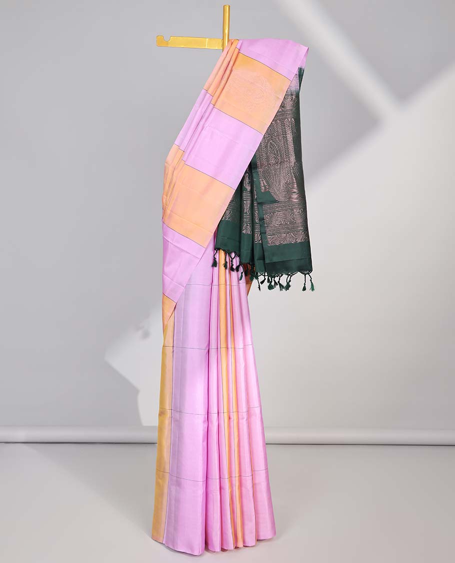 Borderless multi-color checked soft silk saree with floral zari design pallu