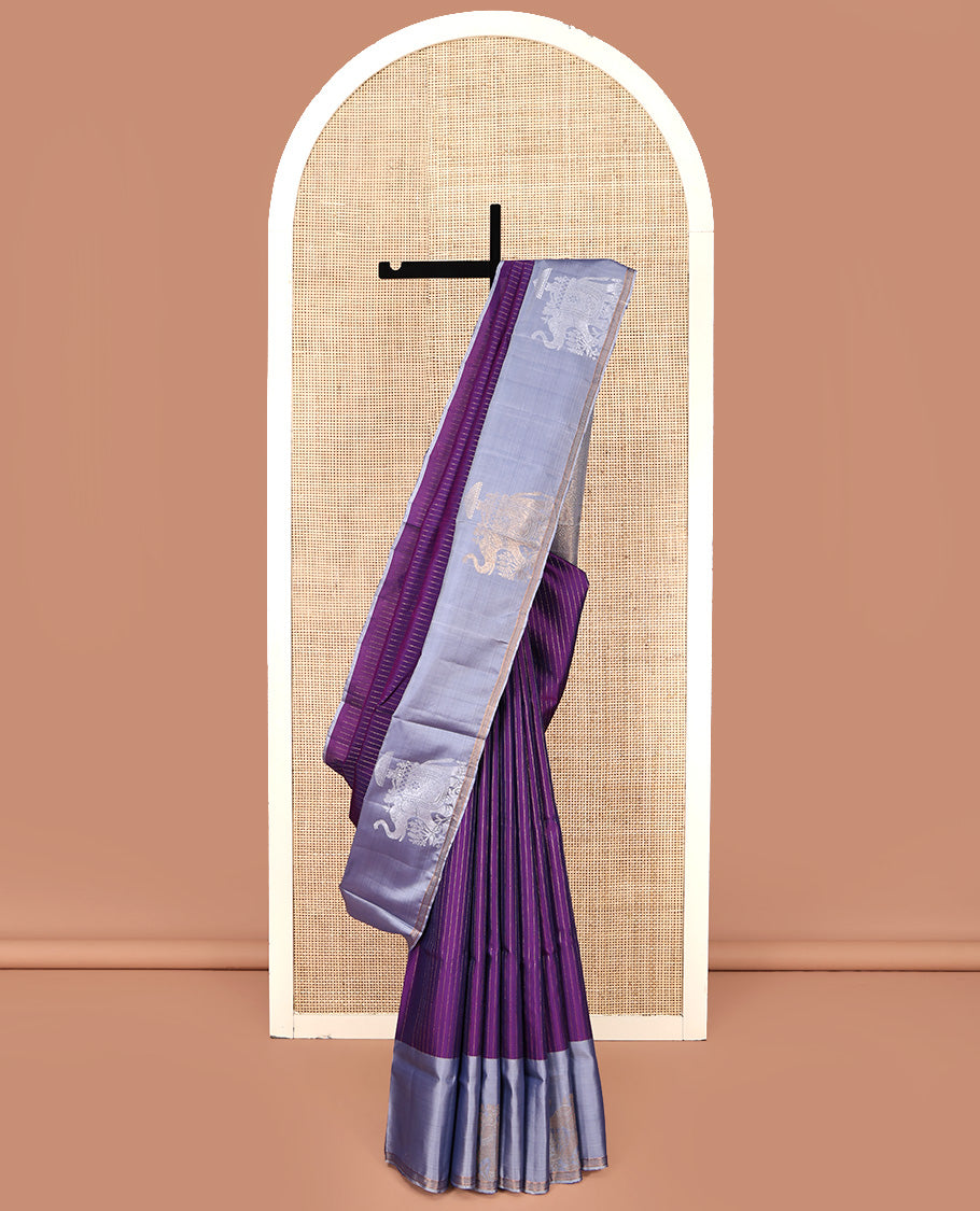 Violet Mayuri Lite Silk Mix Saree, Accentuated with Muthu Stripes All Over Its Body, Complemented by a Contrast Border of Yaanai Designs, Pallu of Intricate Designs, and Paired with a Contrast Blouse