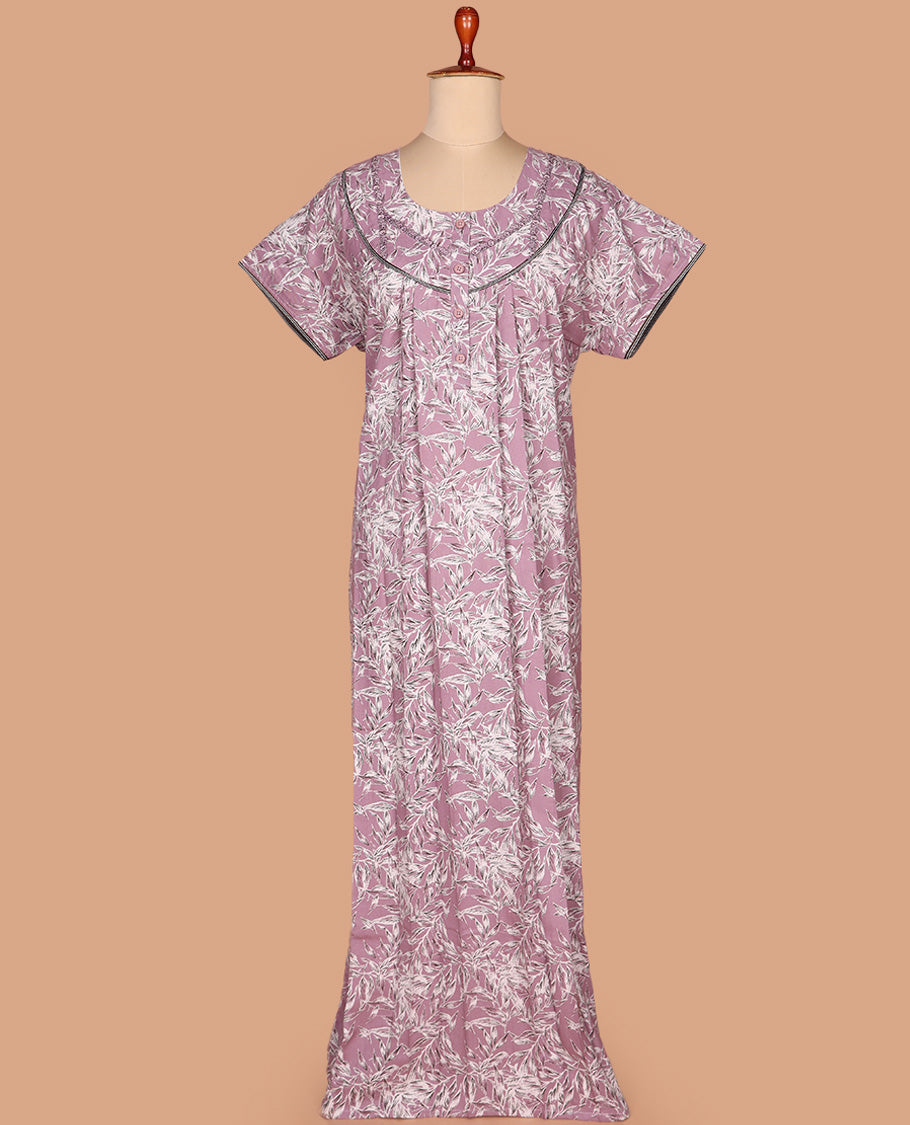 Rosewood pink leaf printed with round neck embroidered half-sleeve cotton nighty