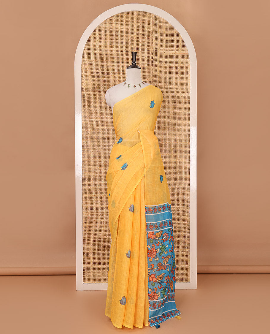 Borderless yellow pichwai lotus printed linen saree, contrast kalamkari floral vine printed pallu & contrast kalamkari floral vine printed blouse