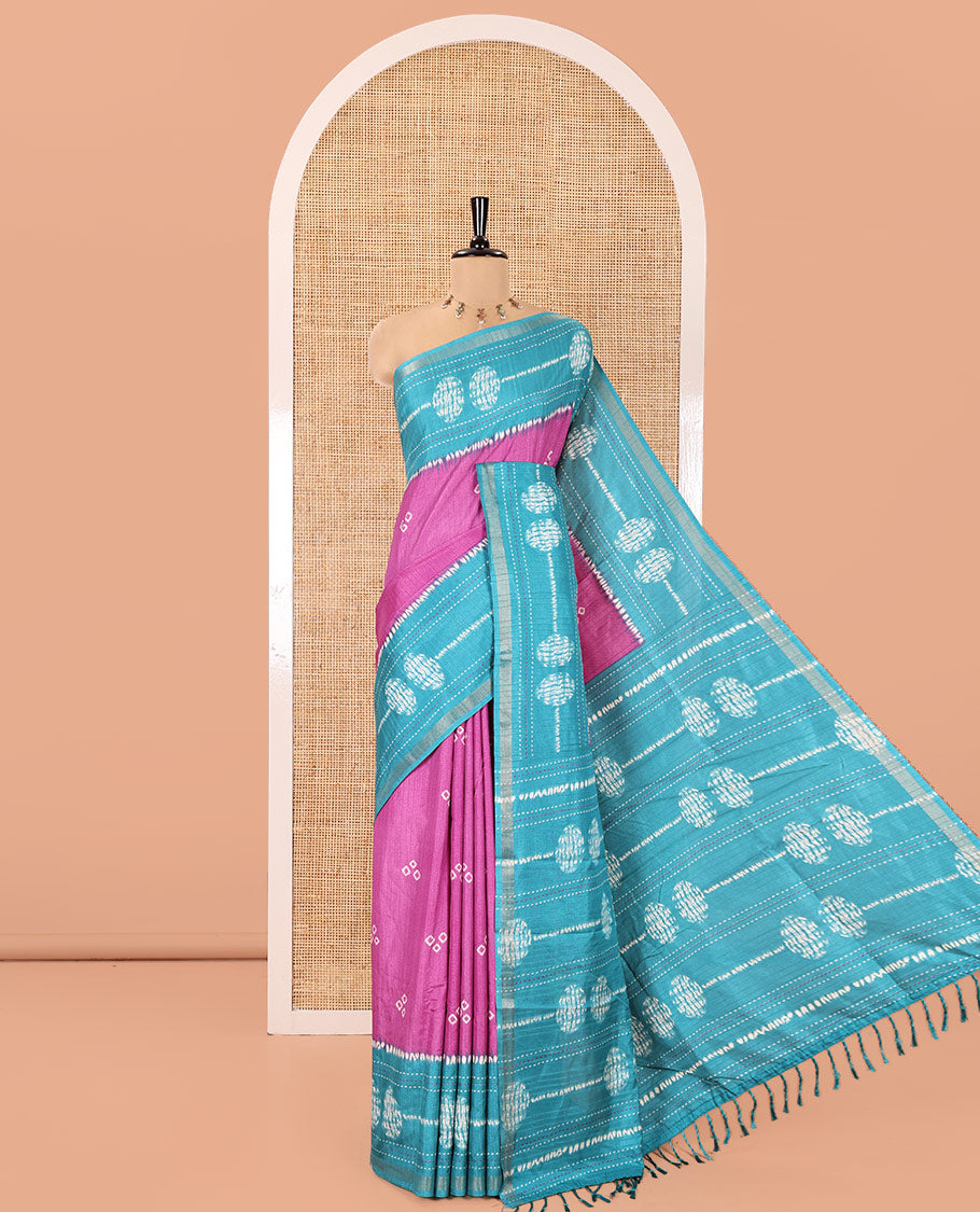 Magenta Manipuri Silk Saree, Ornamented with Bandhani Buttas on Its Body, Complemented by a Contrast Border of Shibori Print and Kantha Thread Work, Pallu of Shibori Print, and Paired with a Contrast Blouse