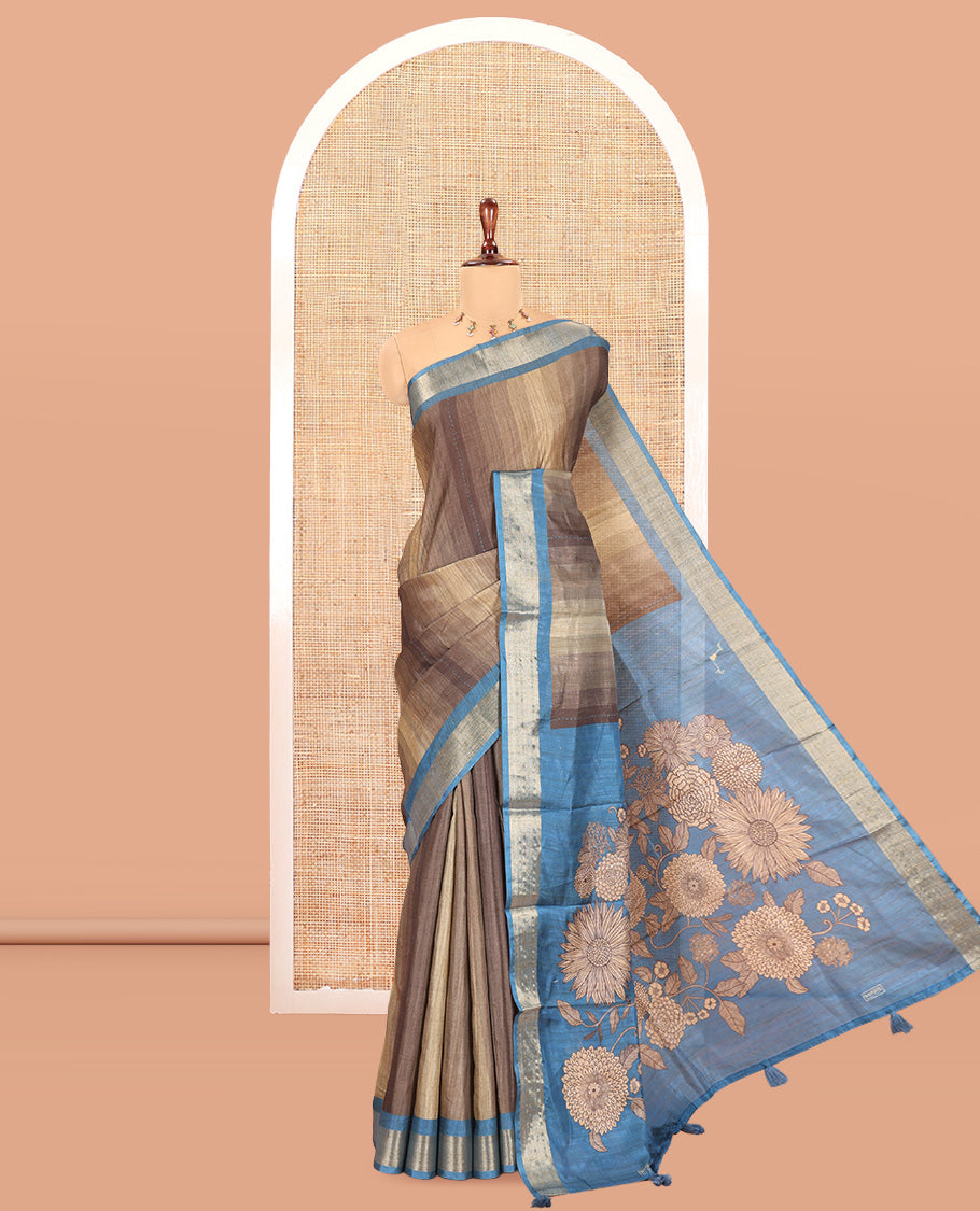 Olive Green Lavender Striped Art Tussar Saree, a Contrast Zari Border, Floral Printed Pallu, and a Contrast Blouse