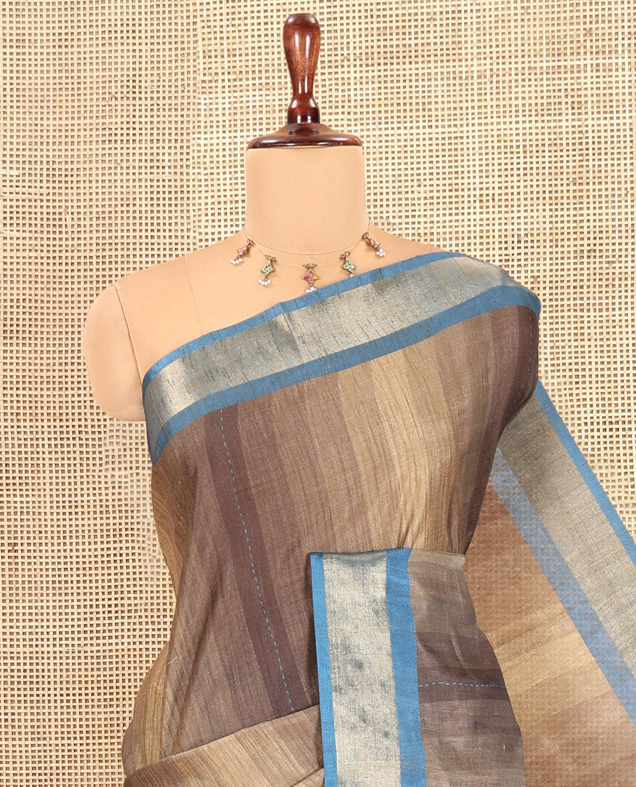 Olive Green Lavender Striped Art Tussar Saree, a Contrast Zari Border, Floral Printed Pallu, and a Contrast Blouse