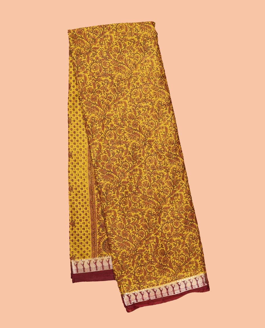 Yellow floral printed semi-banaras printed saree, paisley motifs border & intricate paisley motifs border