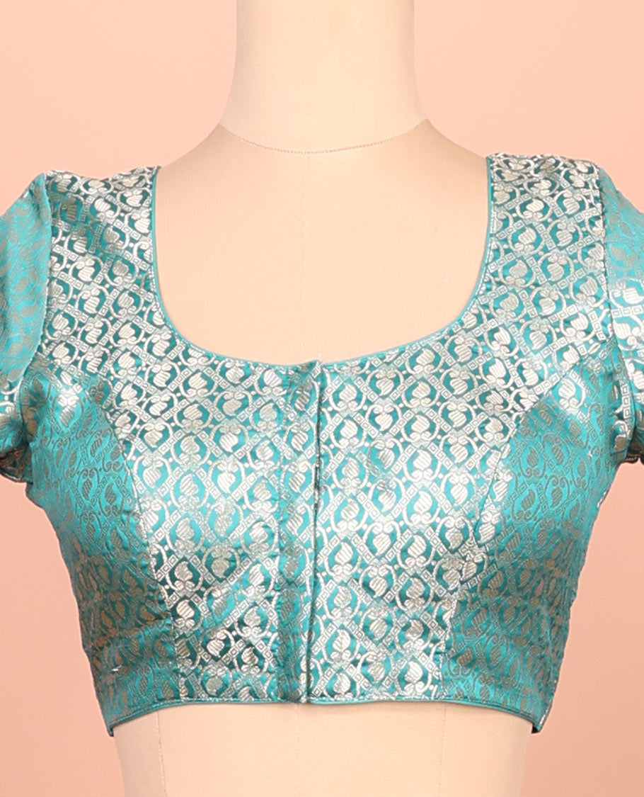 Rama green paisleys-theme jacquard front-back round neck elbow-sleeve readymade blouse