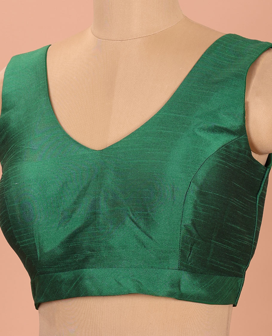 Dark Green Plain Readymade Blouse Featuring a Front Leaf-Neck, Back Deep Leaf-Neck, and Sleeveless Hand