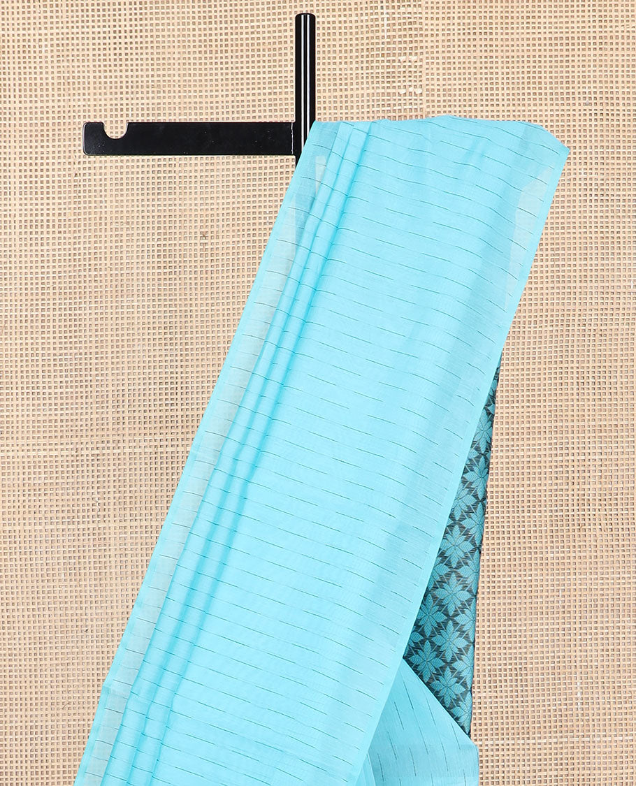 Borderless blue motifs silk cotton saree with floral design pallu