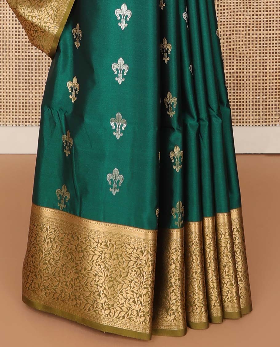 Dark green floral motifs soft silk saree with contrast jacquard border & floral design pallu