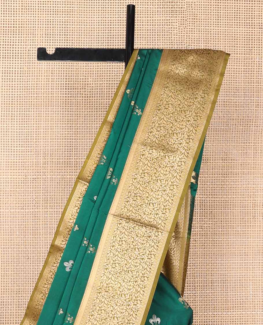 Dark green floral motifs soft silk saree with contrast jacquard border & floral design pallu