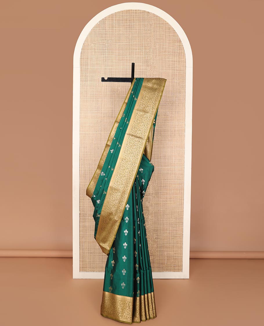 Dark green floral motifs soft silk saree with contrast jacquard border & floral design pallu