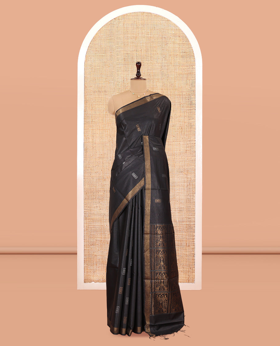 Black Tussar Saree, Finely Crafted with Warli Buttas, a Zari Border, Warli-Themed Thread-Woven Pallu, and a Matching Blouse