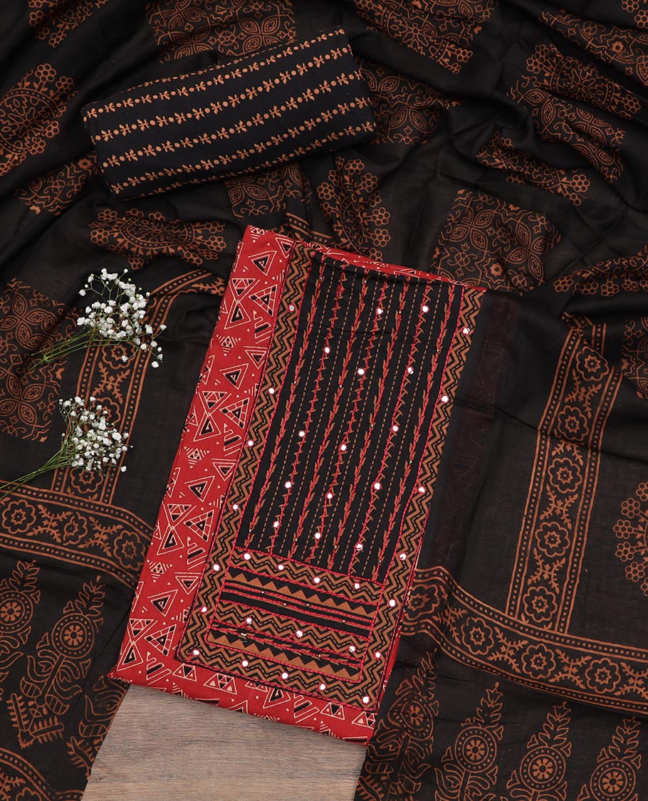 Red material chudidar set, triangle motifs print with neck embroidered top, contrast printed bottom and printed dupatta