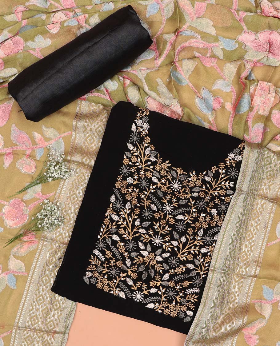 Black chudidhar material set floral embroidered top, plain bottom & floral design dupatta