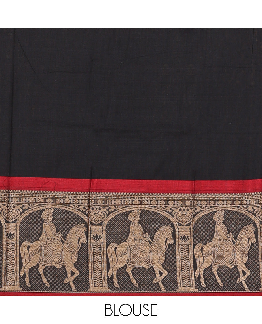 Black cotton half-saree, plain with contrast man on the horse motifs bordered skirt, matching blouse, and contrast dhavani