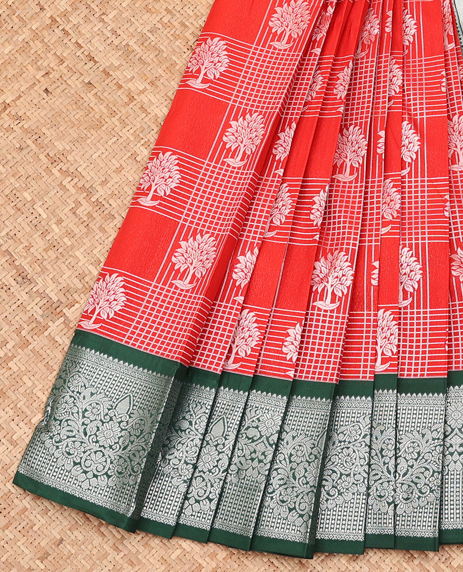 Red Budget Silk Saree, Elevated with Zari Butta Enclosed Checks On Its Body, Complemented by Contrast Traditional Zari Designs Woven Border, Grand Pallu of Paisleys, and Paired with a Contrast Blouse