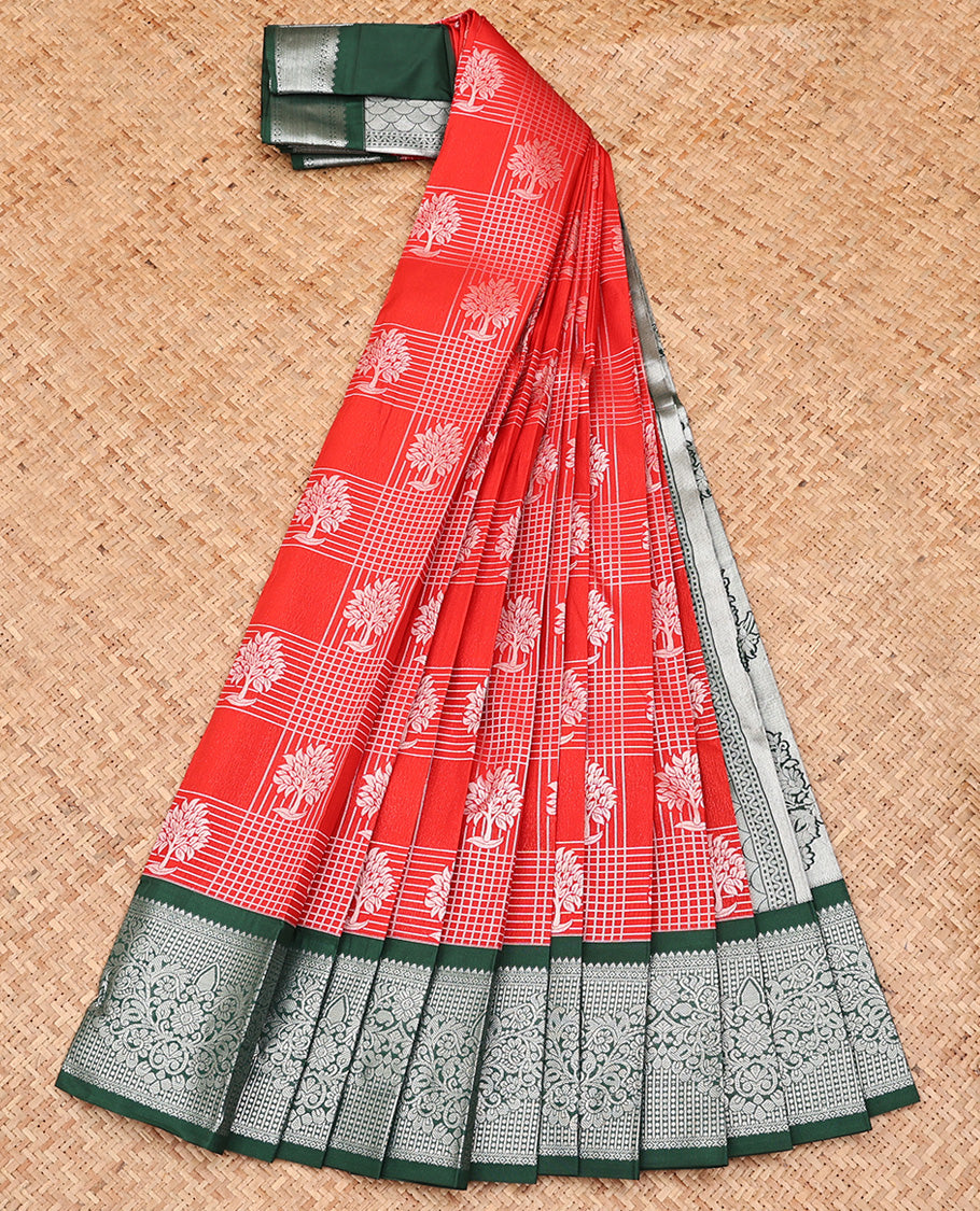 Red Budget Silk Saree, Elevated with Zari Butta Enclosed Checks On Its Body, Complemented by Contrast Traditional Zari Designs Woven Border, Grand Pallu of Paisleys, and Paired with a Contrast Blouse