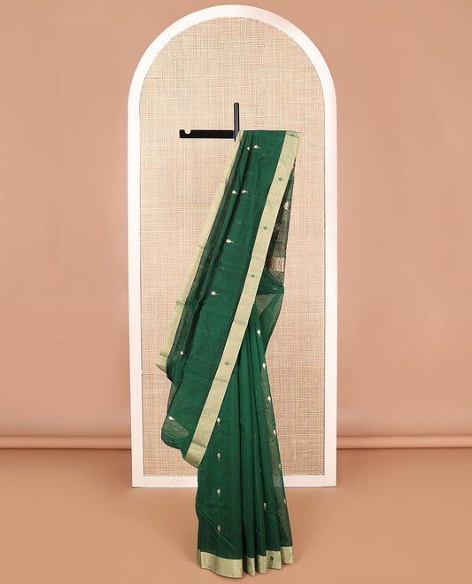 Dark green  leaf design chanderi cotton saree with contrast zari border & leaf design, striped pallu