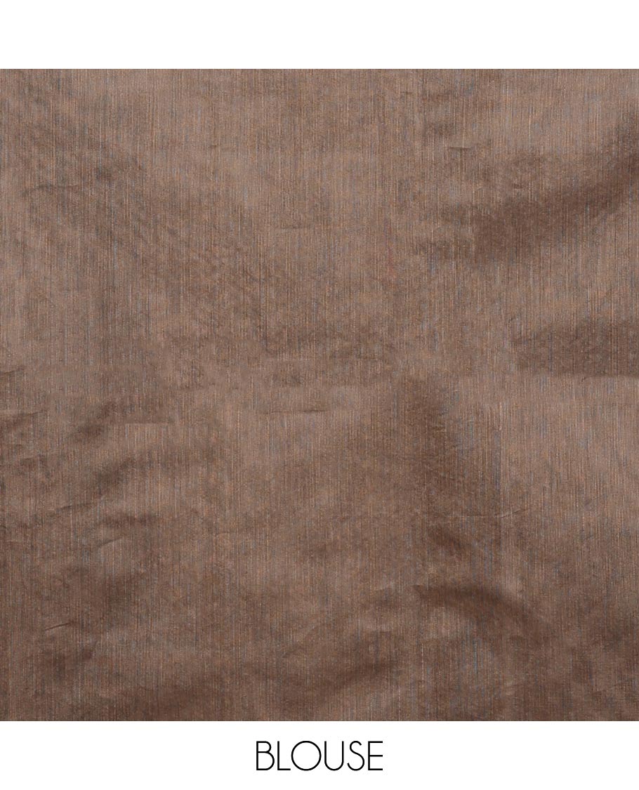 Borderless brown and black floral zari buttas semi-silk cotton saree, contrast jaal pallu