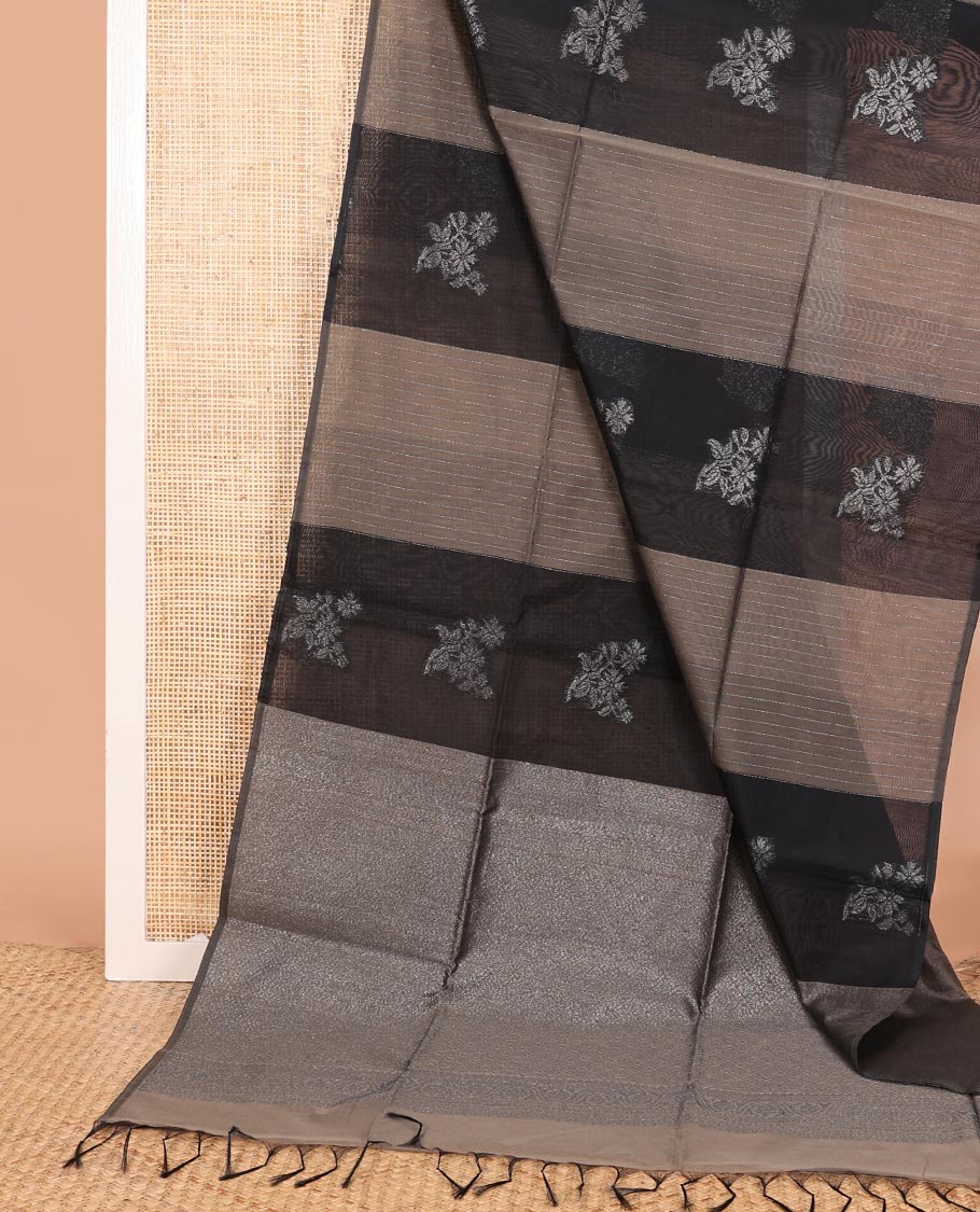 Borderless brown and black floral zari buttas semi-silk cotton saree, contrast jaal pallu