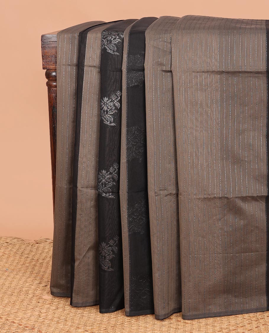 Borderless brown and black floral zari buttas semi-silk cotton saree, contrast jaal pallu