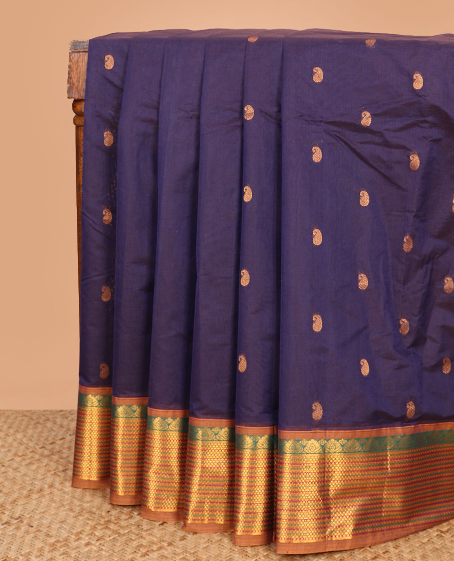 Blue paisley buttas Venkatagiri cotton saree, contrast traditional zari design border, and zari striped pallu