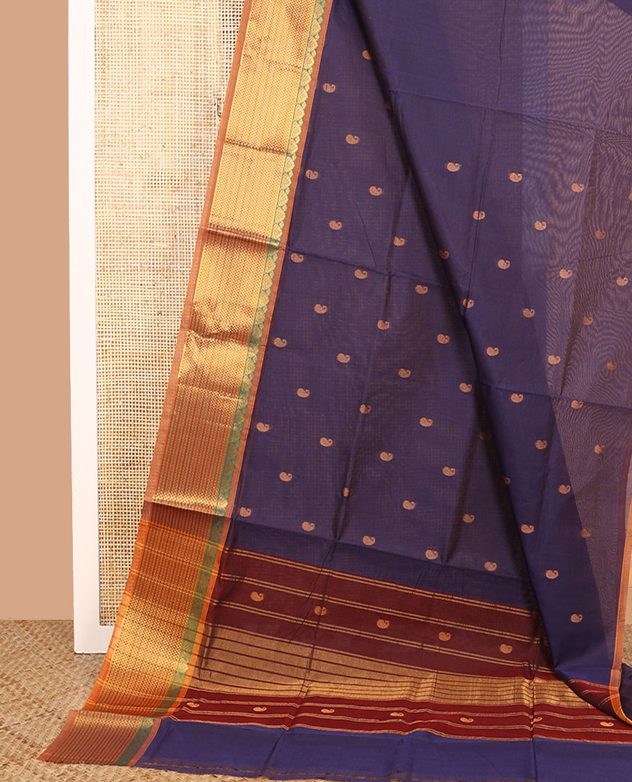 Blue paisley buttas Venkatagiri cotton saree, contrast traditional zari design border, and zari striped pallu