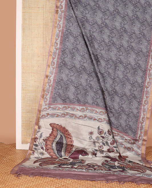 Grey chevron striped chanderi cotton saree,  contrast kalamkari floral printed border, and kalamkari peacock printed pallu