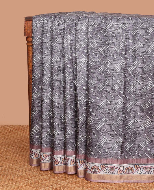 Grey chevron striped chanderi cotton saree,  contrast kalamkari floral printed border, and kalamkari peacock printed pallu