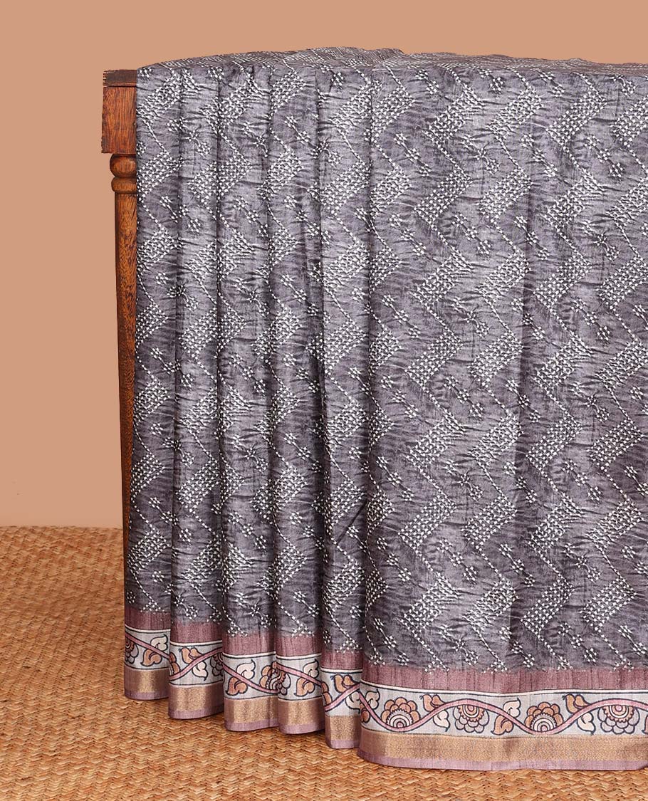 Grey chevron striped chanderi cotton saree,  contrast kalamkari floral printed border, and kalamkari peacock printed pallu