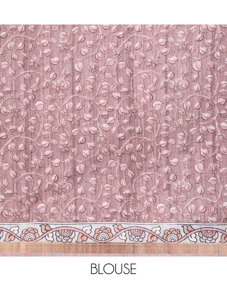 Grey chevron striped chanderi cotton saree,  contrast kalamkari floral printed border, and kalamkari peacock printed pallu