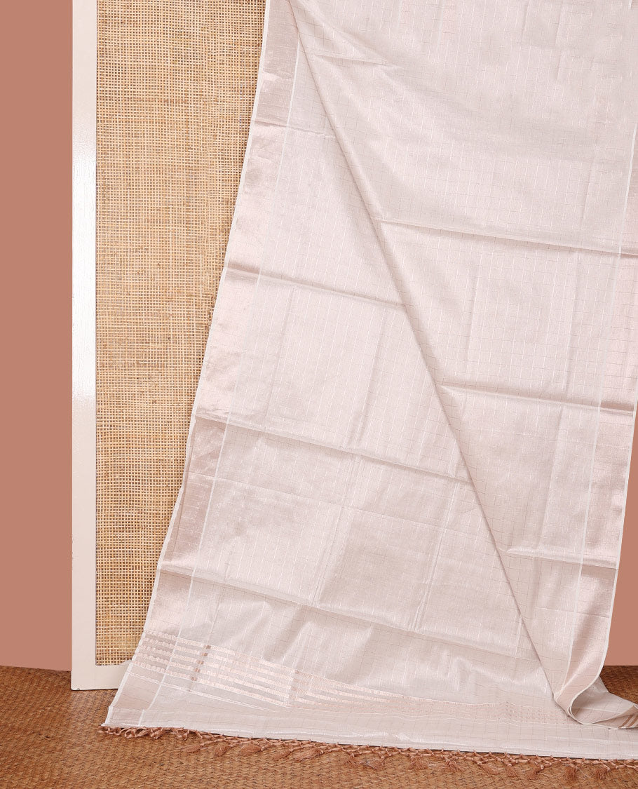 Off-White Kerala Cotton Saree Woven with Zari Checks All Over Its Body, Zari Bavanji Border, Gleaming Zari Striped Pallu, and Paired with a Matching Blouse
