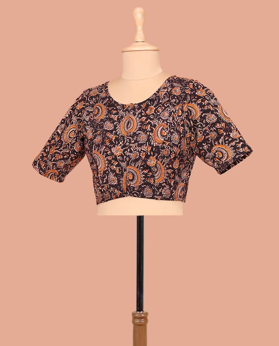 Black Cotton Readymade Blouse Elegantly Framed with All-Over Floral and Paisley Print, Featuring a Front Round-Neck, a Closed Back Neck, and Elbow Sleeves