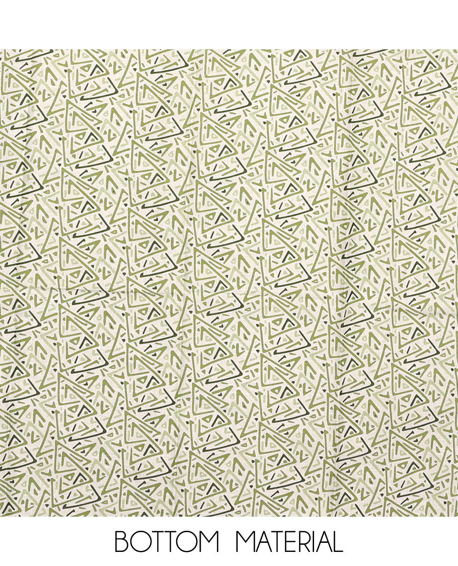 White and green material chudidar set, floral printed with button work top, printed bottom, and sequins striped dupatta