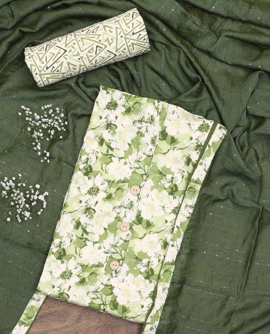 White and green material chudidar set, floral printed with button work top, printed bottom, and sequins striped dupatta