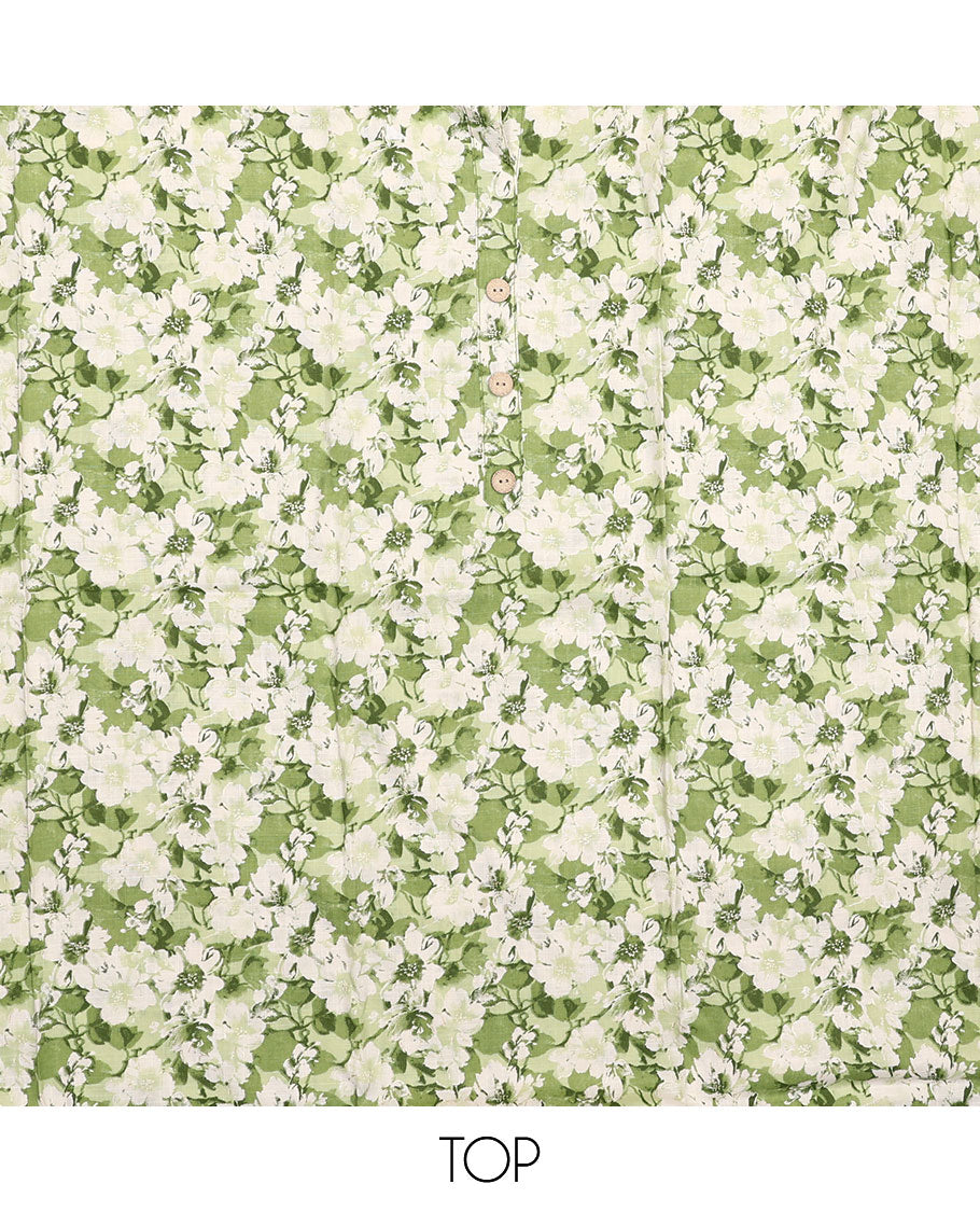 White and green material chudidar set, floral printed with button work top, printed bottom, and sequins striped dupatta