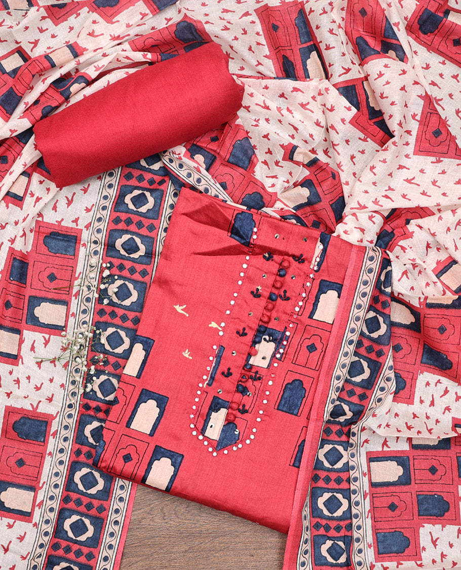 Pink Material Chudidar Set, Creatively Printed with Mughal-Style Arches Printed Rayon Top, a Plain Rayon Bottom, and Paired with a Mughal-Style Arches Printed Cotton Dupatta