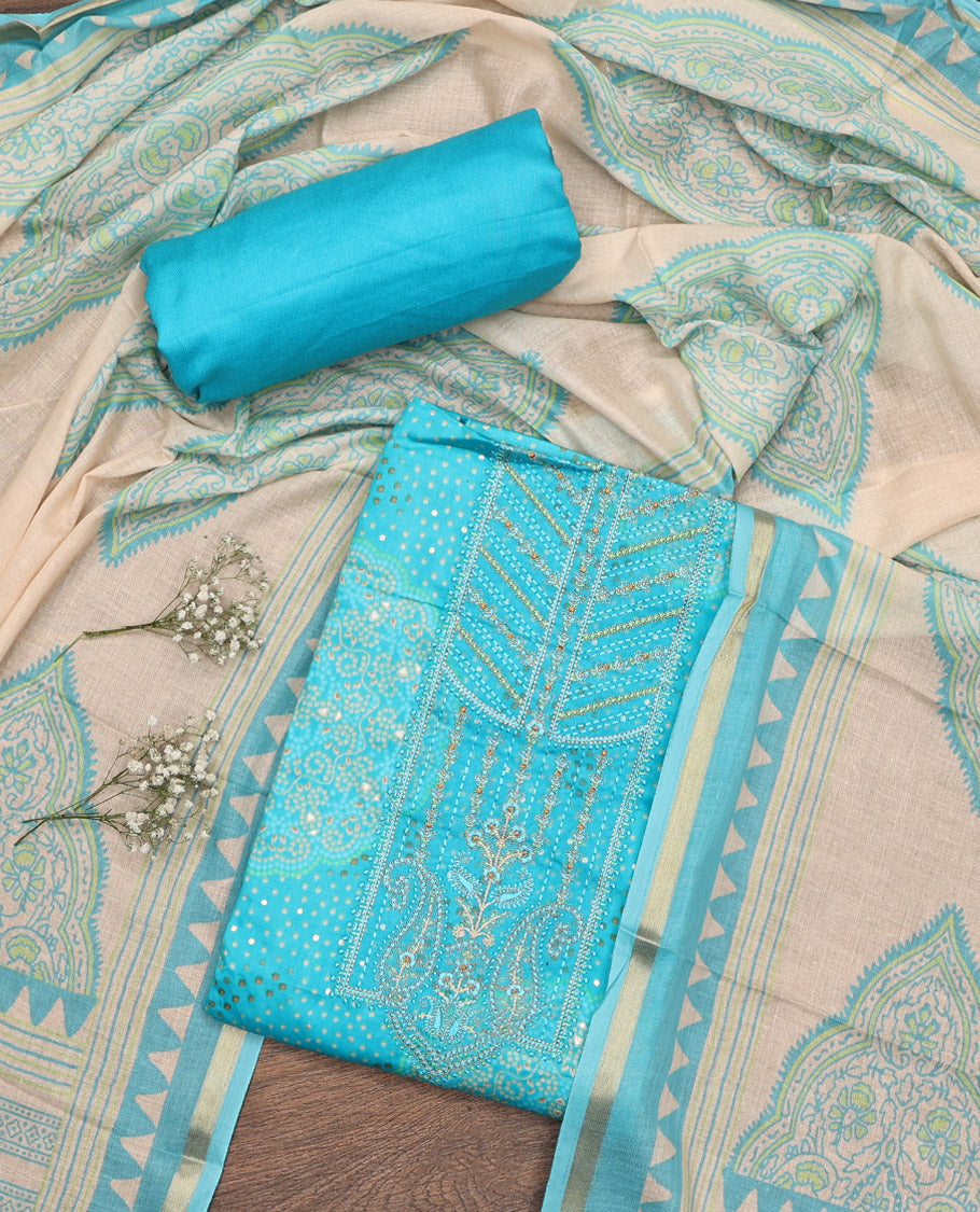Blue Material Chudidar Set, Accentuated with Bandhani Dot Printed and Embroidery on Rayon Top, a Rayon Bottom, and Paired with Contrast Intricately Printed Cotton Dupatta
