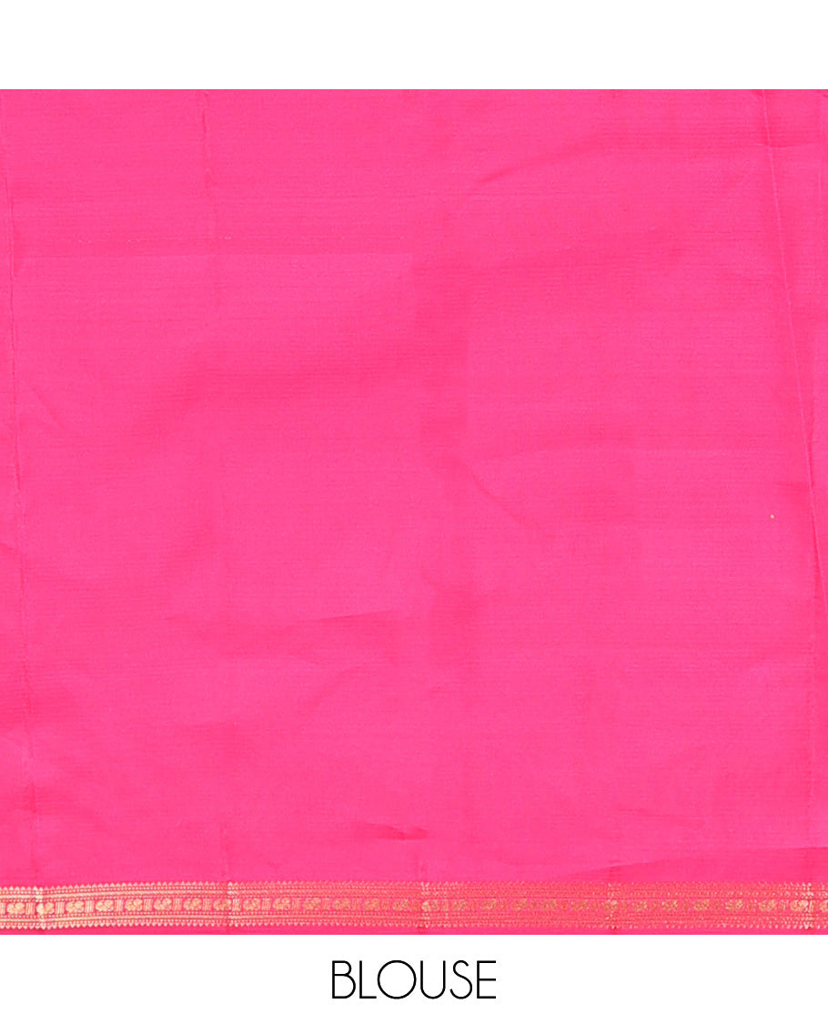 Orange stripes, and zari buttas Vasundhara silk mix saree, contrast border of rekku, kathir, and mayil designa, and zari-rich jaal pallu